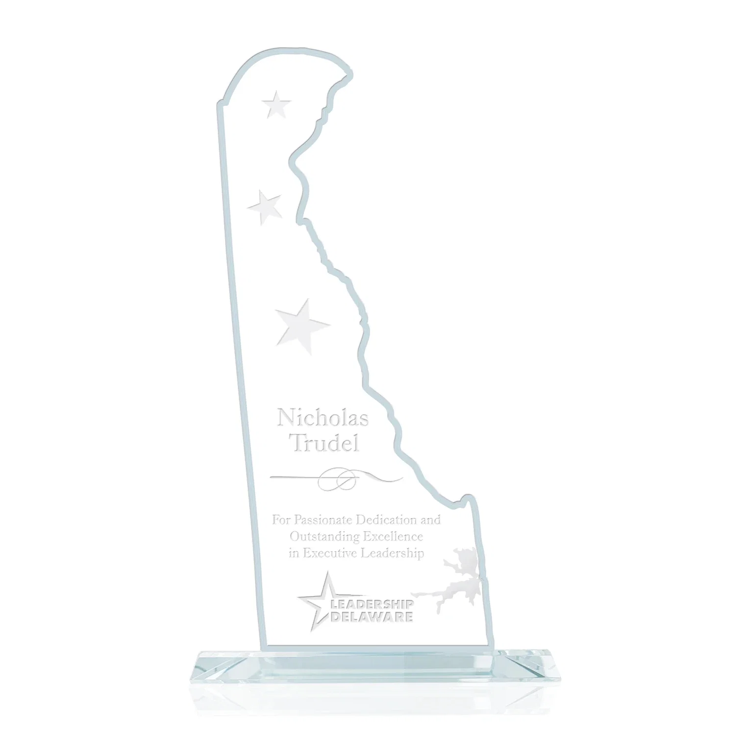 Custom Aquashaped Jade Glass Delaware Map Award for employee recognition