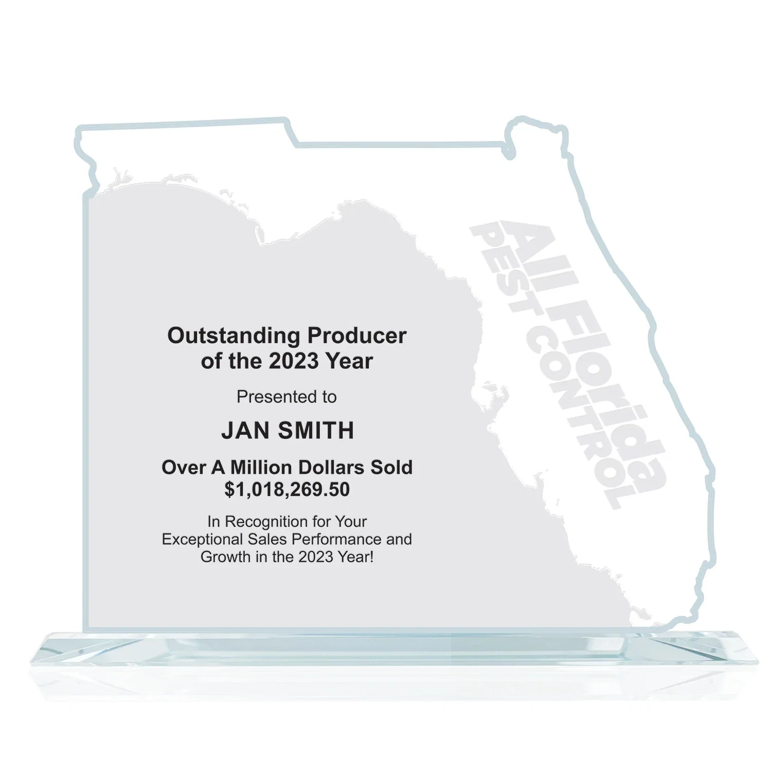 Custom Jade Glass Florida Map Award for employee recognition