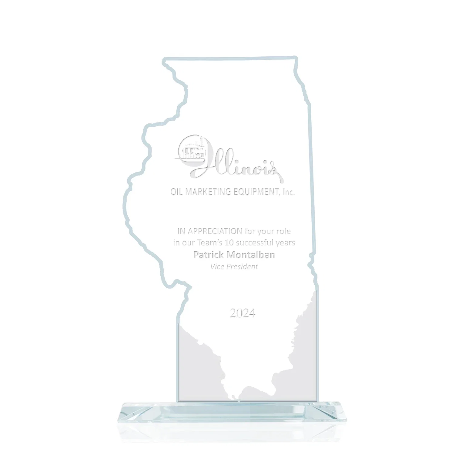 Custom Jade Glass Illinois State Map Award for employee recognition