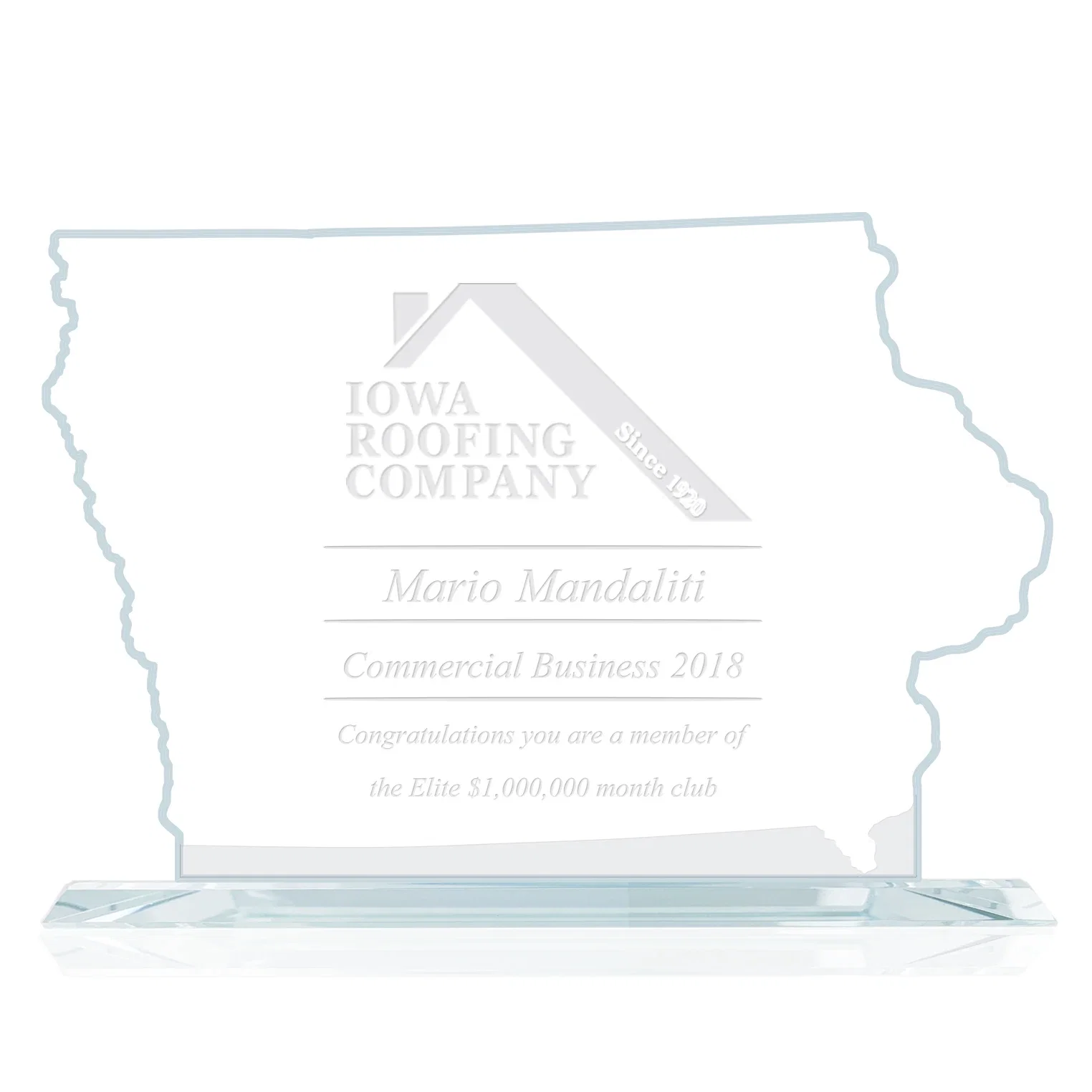 Custom Jade Glass Iowa State Map Award for employee recognition
