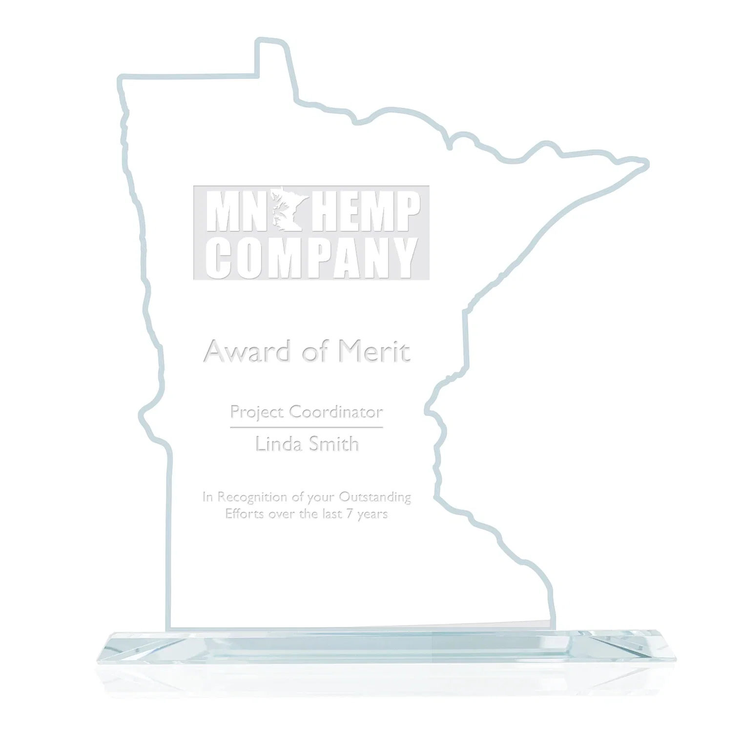 Custom Jade Glass Minnesota State Map Award for employee recognition