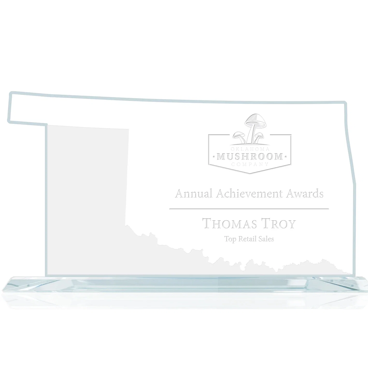 Custom Jade Glass Oklahoma State Map Award for employee recognition