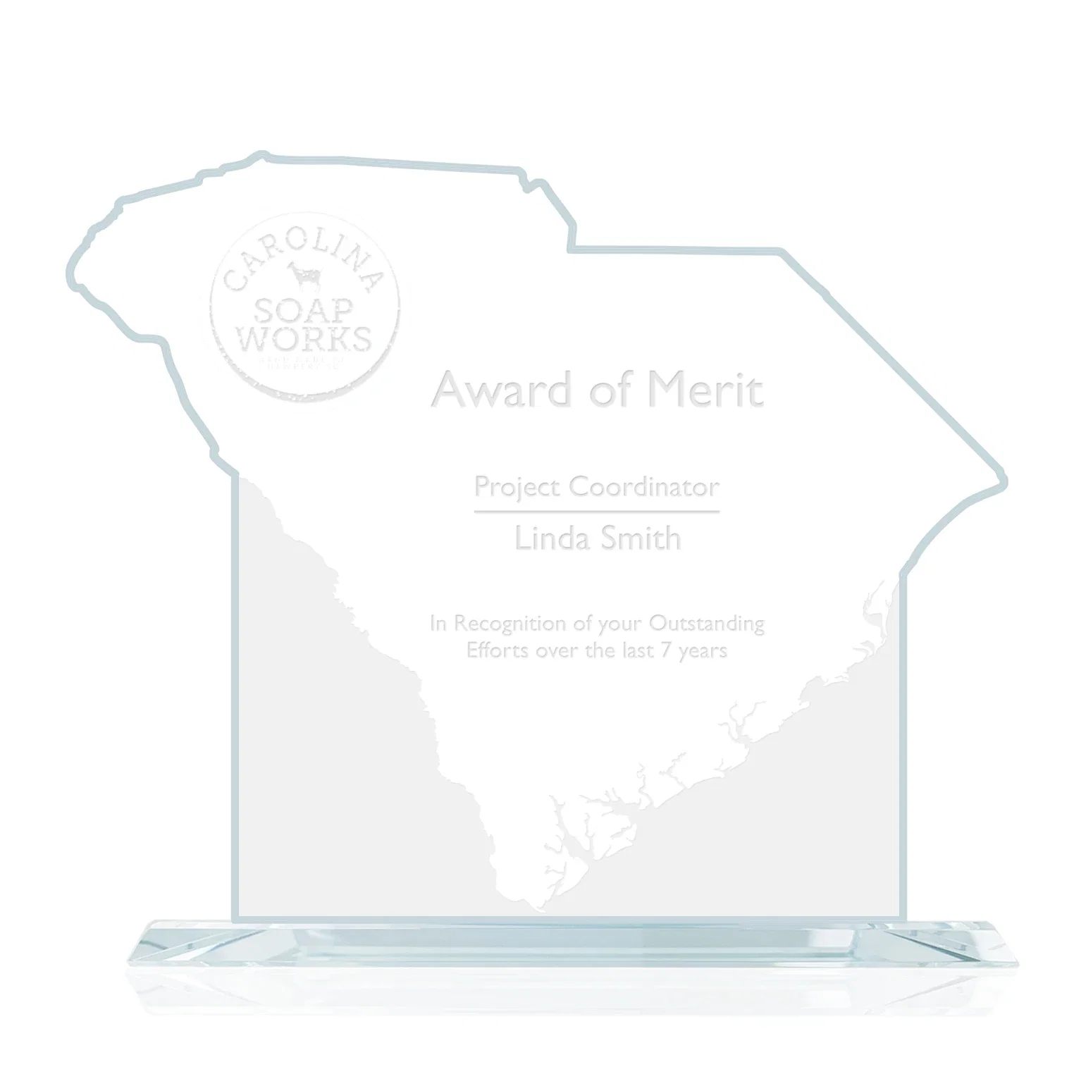 Custom Jade Glass South Carolina State Map Award for employee recognition