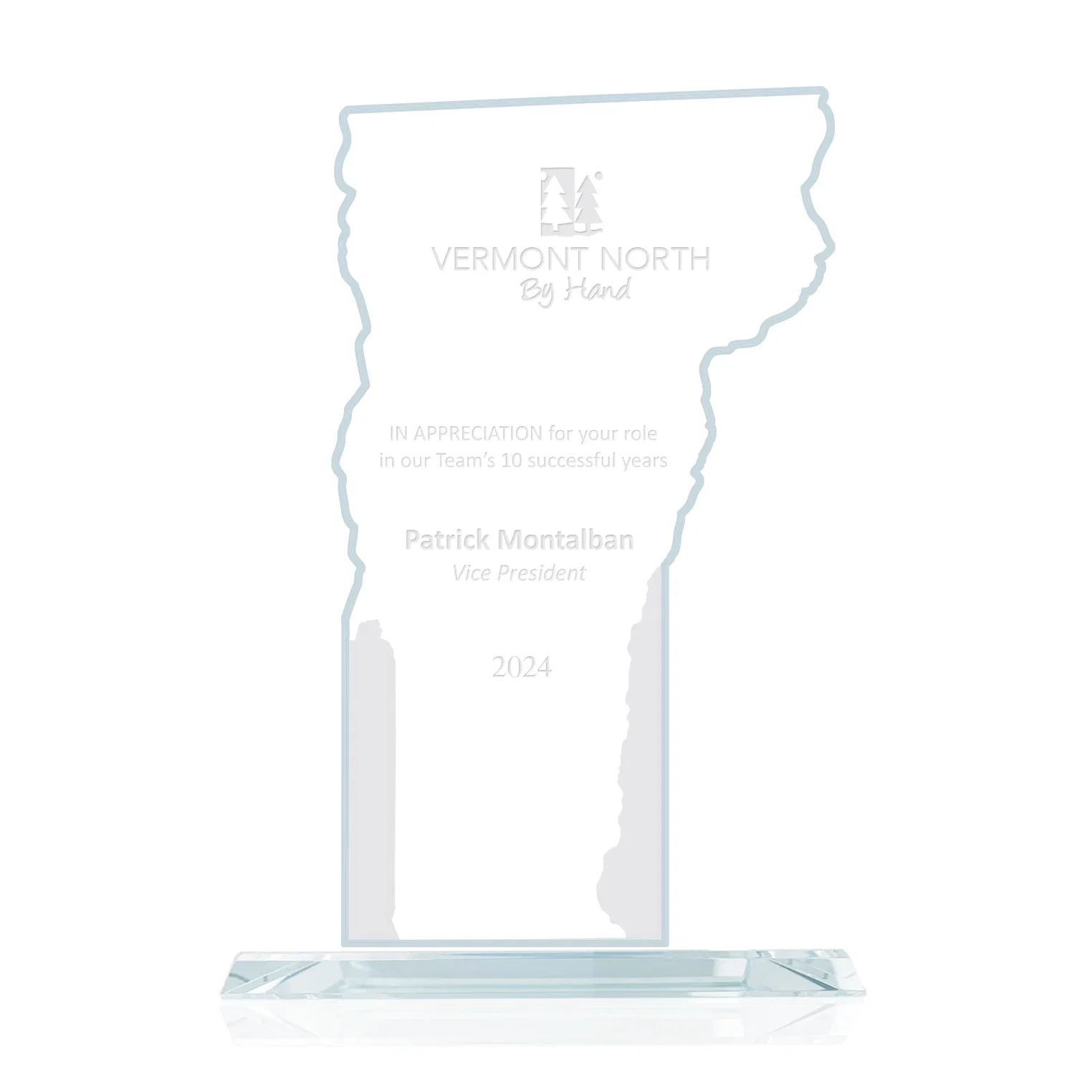 Custom Jade Glass Vermont State Map Award for employee recognition
