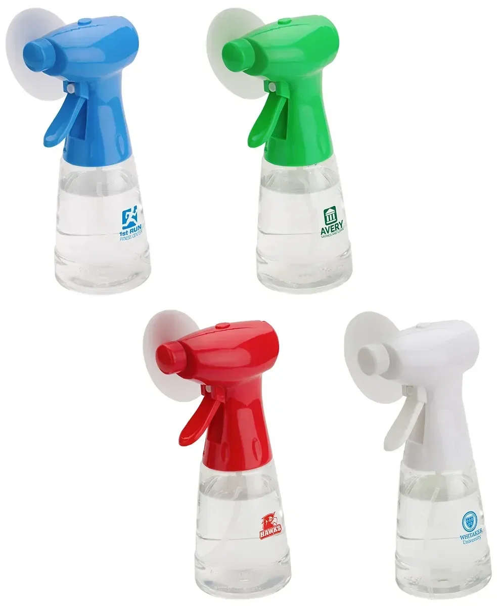 Stay Cool custom battery spray bottle fan, branded handheld misting fan, front view