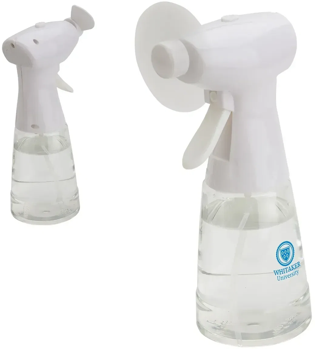Branded Stay Cool spray bottle fan close-up of the fan blades and imprint area, custom promotional fan