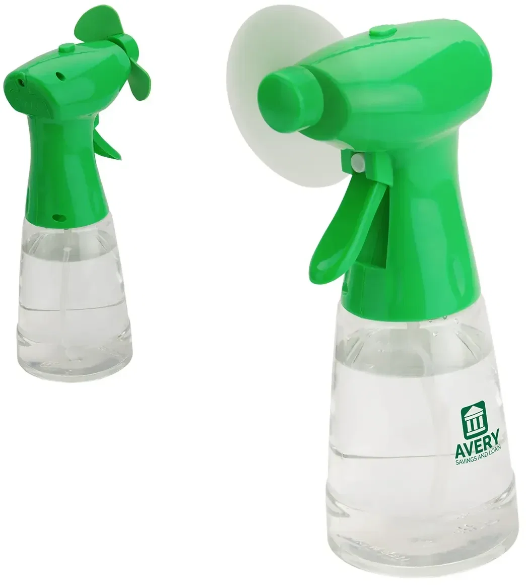 Promotional Stay Cool battery fan showing the water reservoir, custom branded misting fan detail
