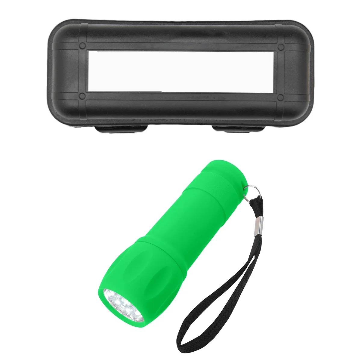 Blue flashlight option standing upright beside its case