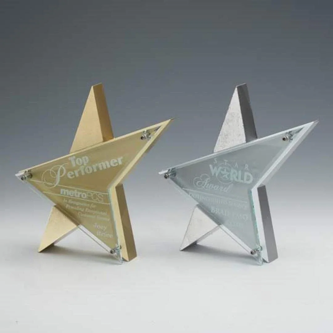 Custom Beveled Acrylic Arrow Award on Stonecast Base with Standoffs for employee recognition