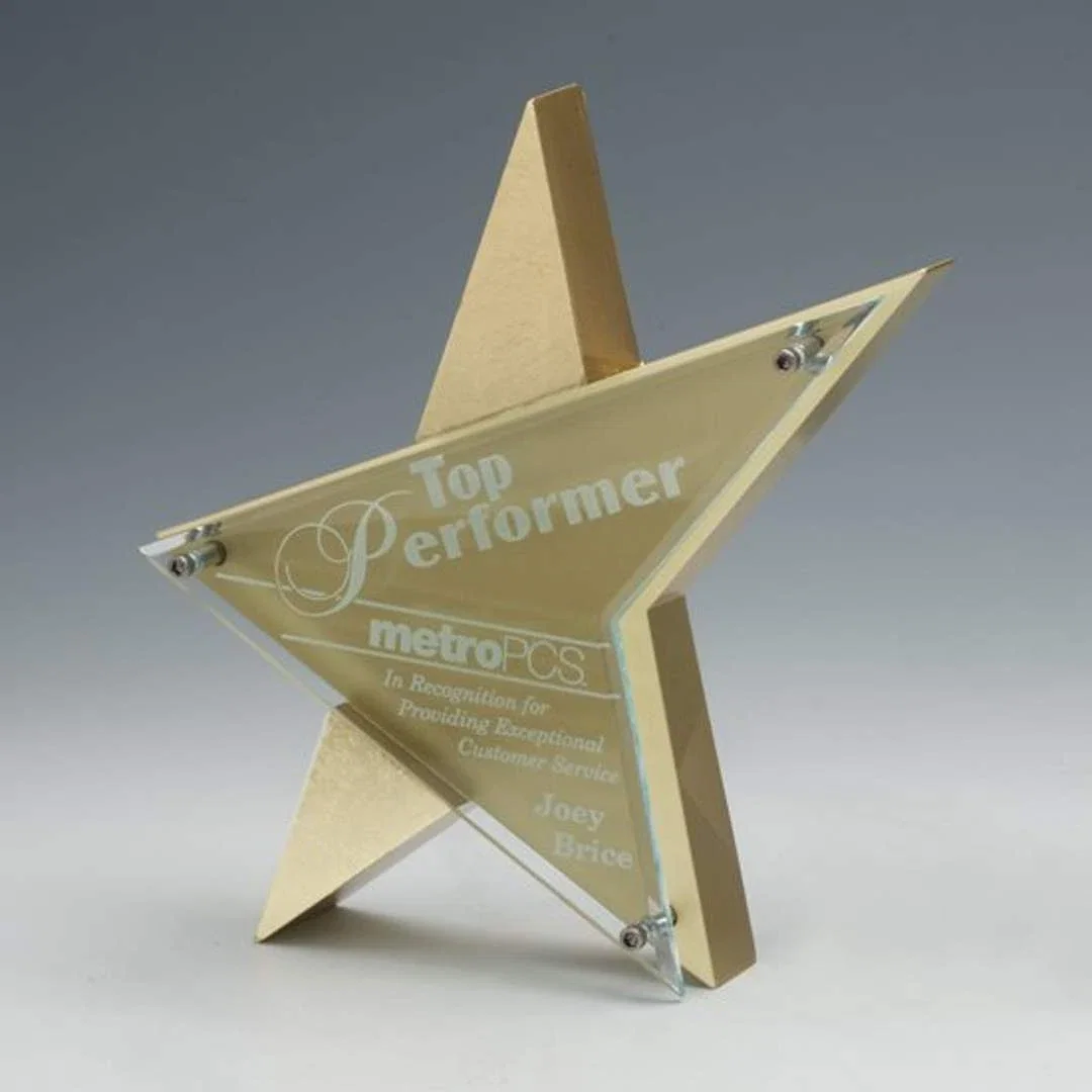 Custom Beveled Acrylic Arrow Award on Stonecast Base with Standoffs for corporate award ceremonies