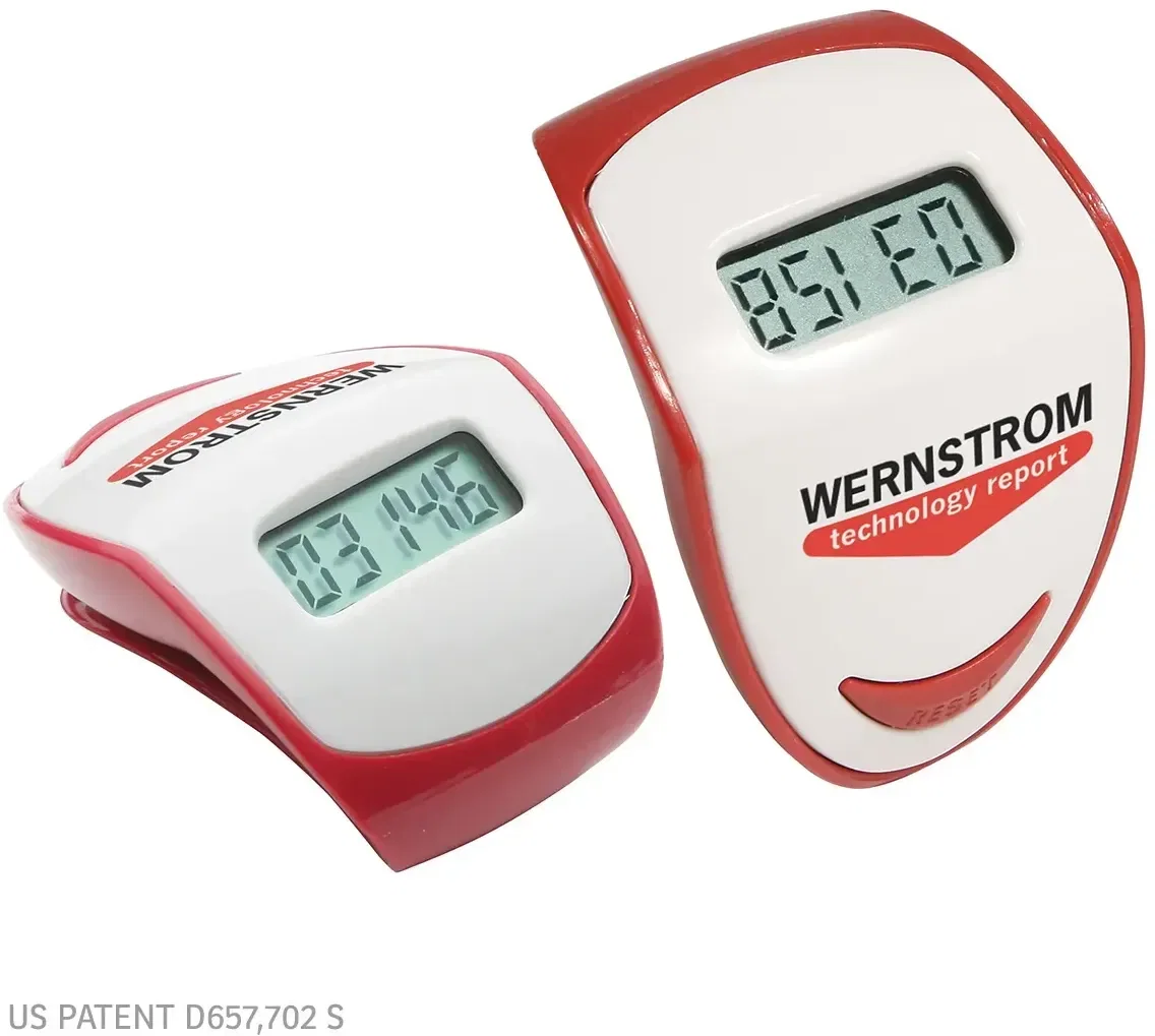 Branded Step Hero pedometer side view showing belt clip