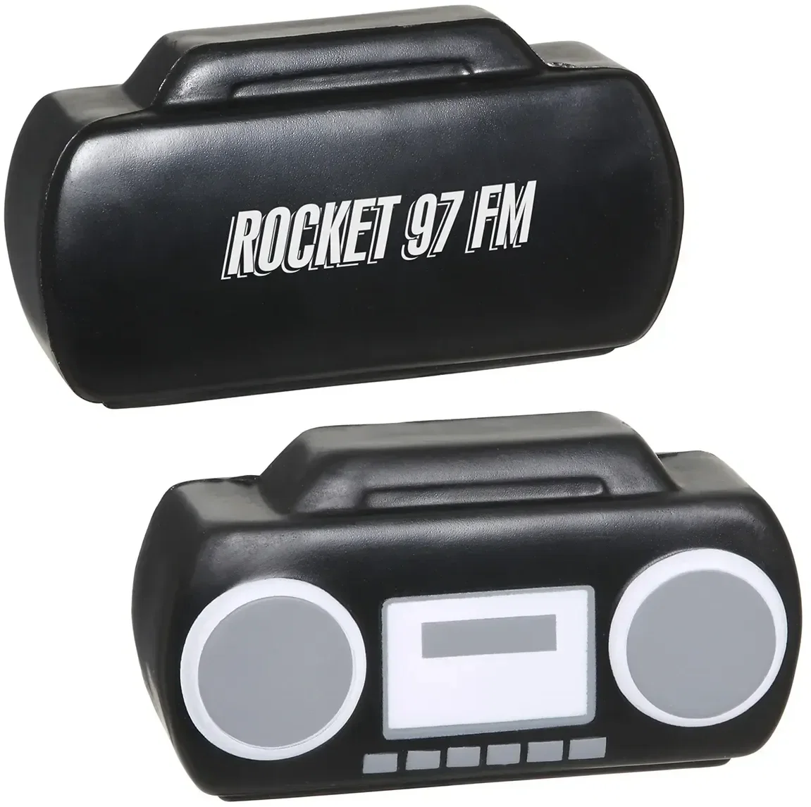 Custom Stereo Stress Reliever shaped like a retro boombox, molded foam squeeze toy with promotional logo