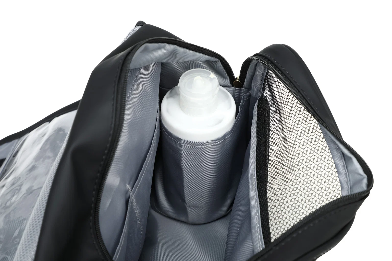 Close-up of the custom Steward Soft Leatherette Toiletry Bag's logo imprint area