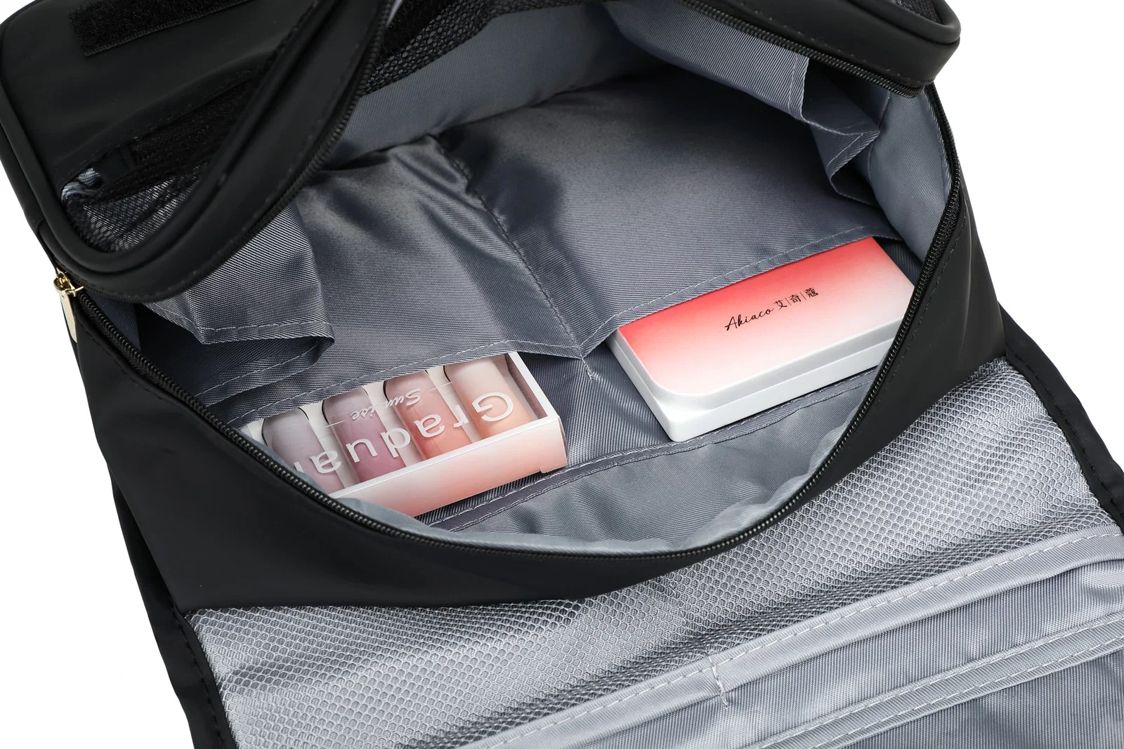 Open view of the branded Steward Soft Leatherette Toiletry Bag showing the interior compartments