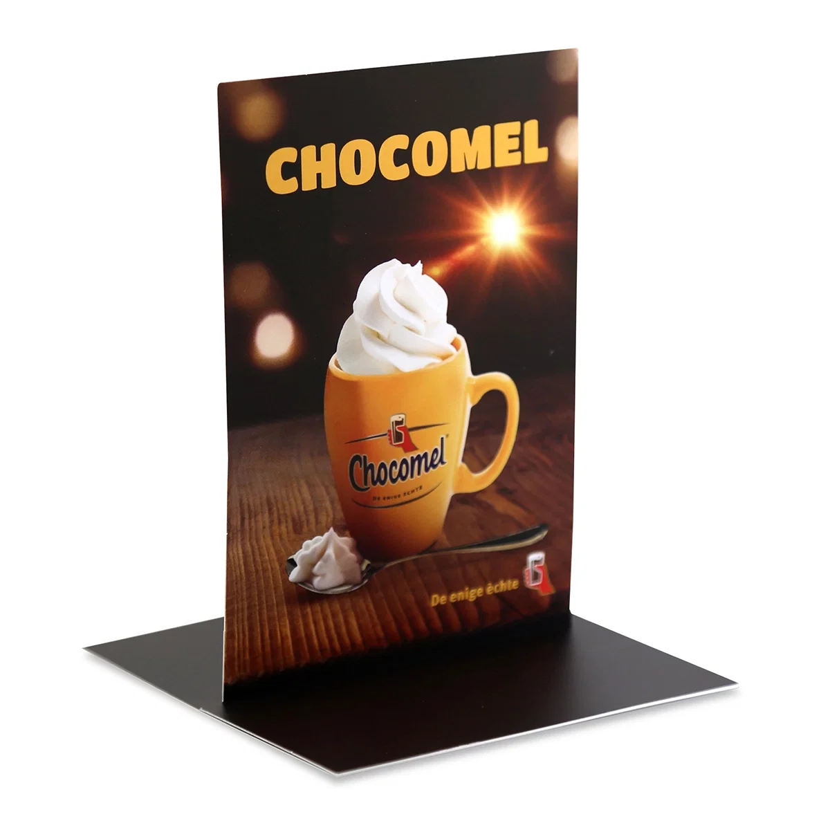 Clear tabletop sign display holding a printed insert