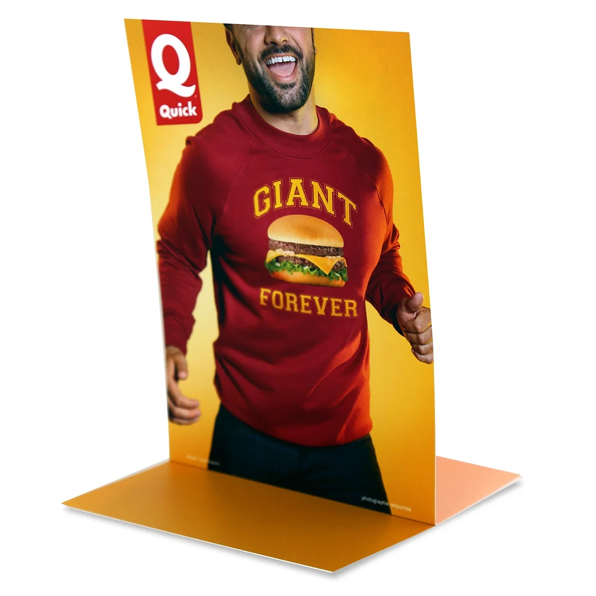 Table topper display standing upright at roughly eight inches tall