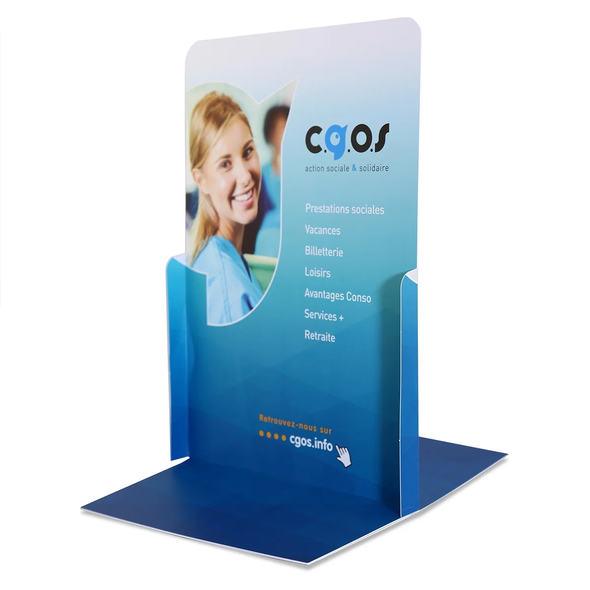 Clear table topper display standing upright on a flat surface