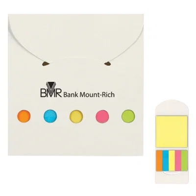 Square pocket case holding sticky notes and page flags