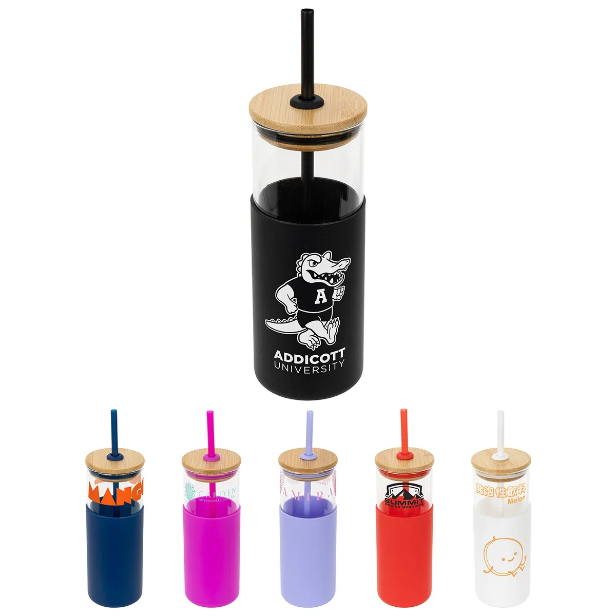 Custom Stirling 18 oz Glass Tumbler, front view of the branded glass tumbler with silicone sleeve