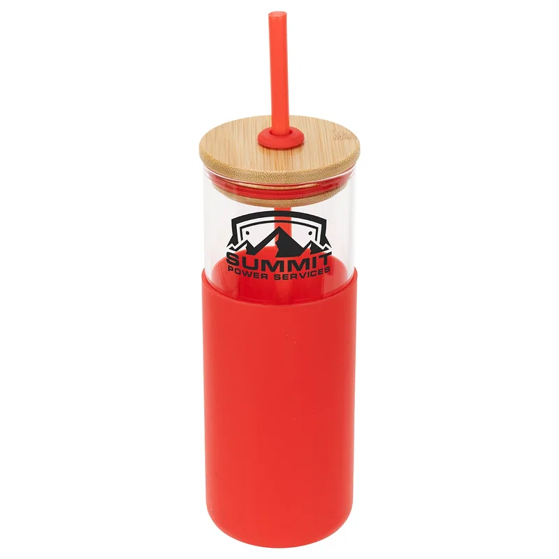 Stirling 18 oz Glass Tumbler on a countertop, promotional drinkware lifestyle shot