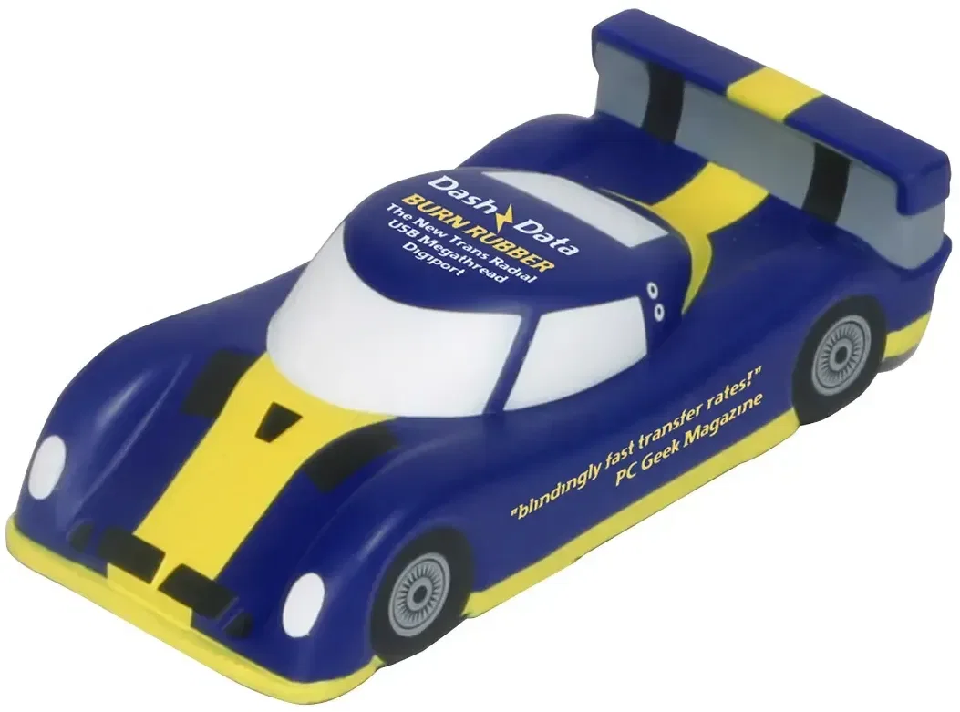 Race stock car-shaped custom stress reliever squeeze toy with logo, front view