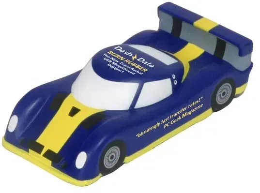 Branded stock car-shaped promotional stress ball with custom imprint, side profile