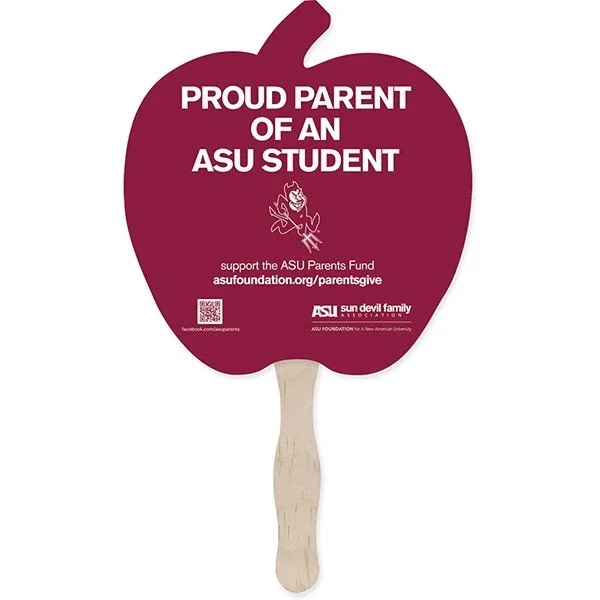 Stock-shape hand fan with wooden handle, UV-coated 18pt board promotional fan front view