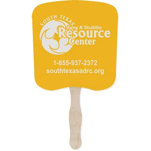 Stock-shape hand fan with wooden handle, oval die-cut shape on 18pt white board