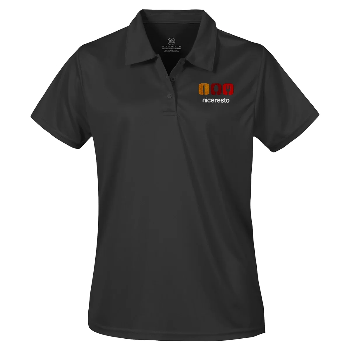 Performance polo worn on a model and seen from the front