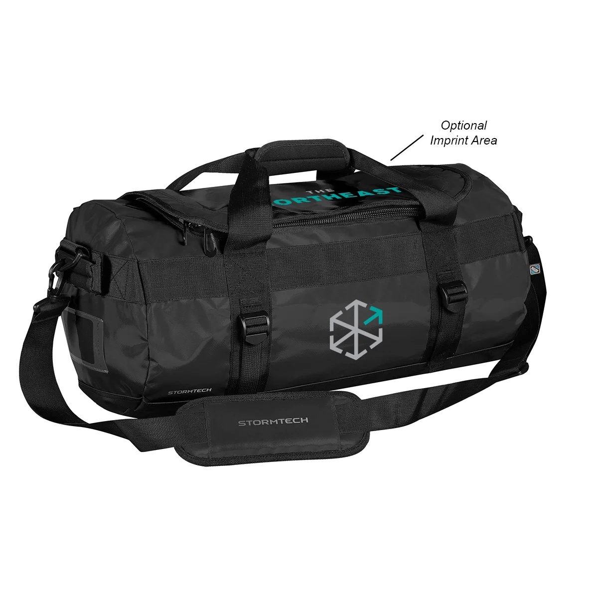 Atlantis waterproof gear bag standing upright with its strap