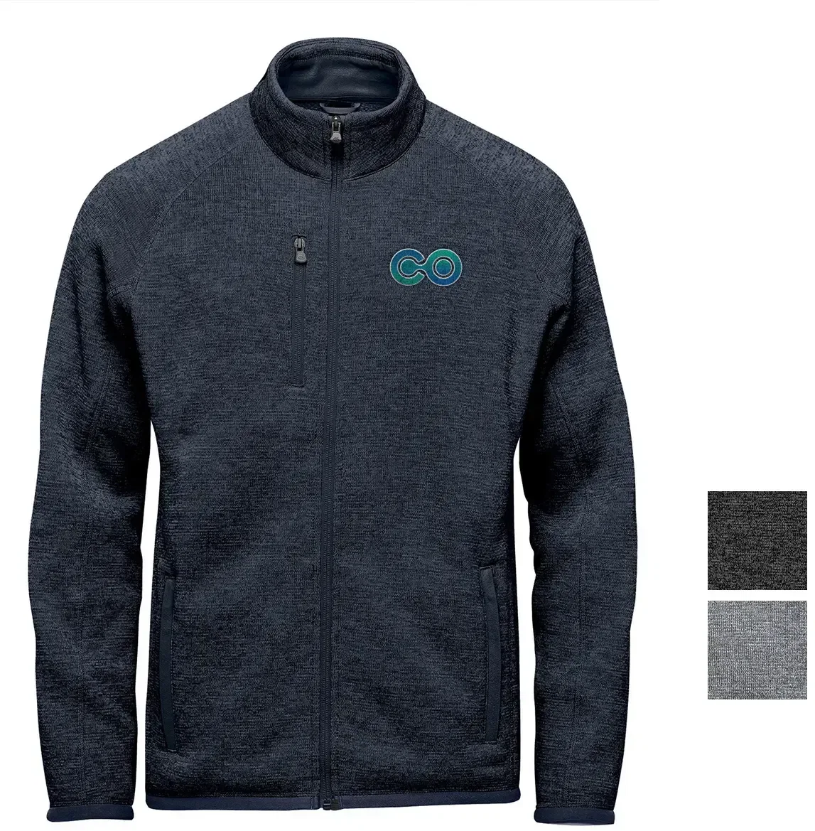 Full-zip fleece jacket worn open over a shirt