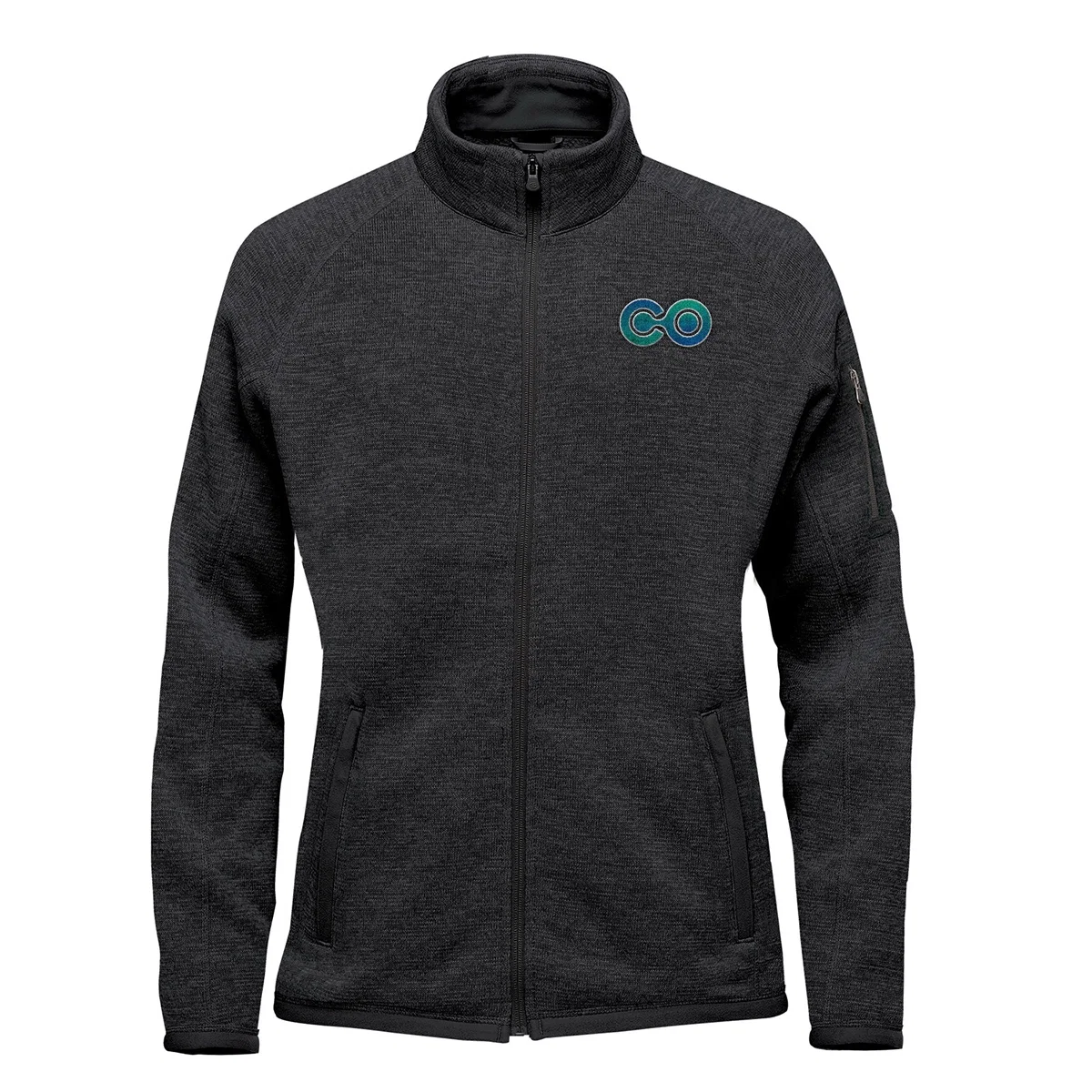 Men's fit shown from the front with the zip closed