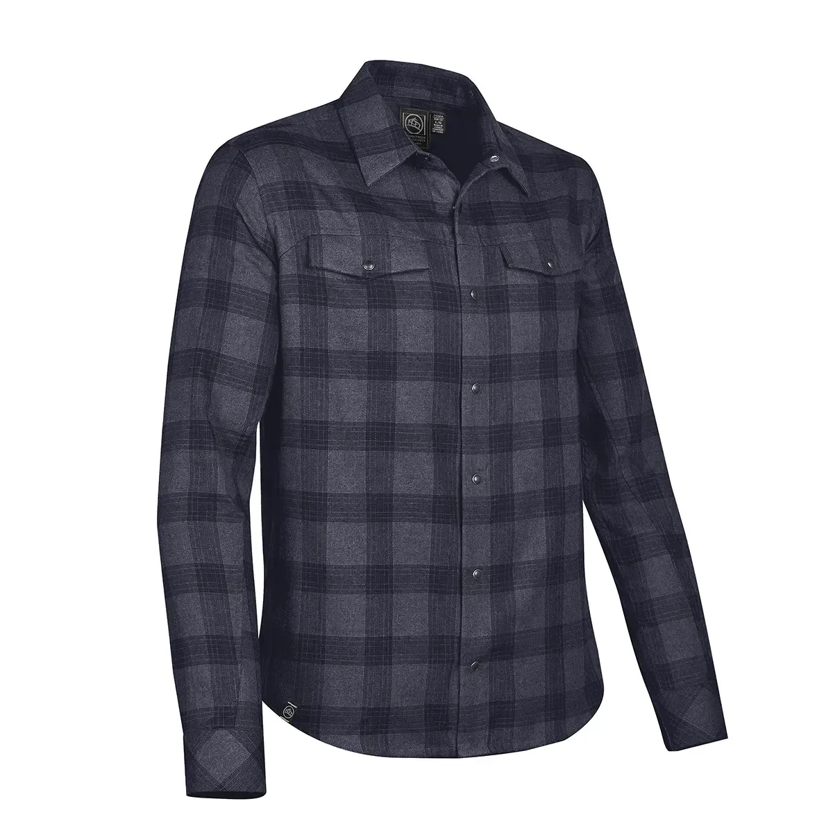 Logan snap front shirt pictured fastened up on a plain backdrop