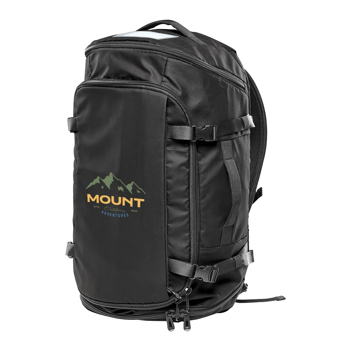 Roomy duffel pack that carries by hand or over both shoulders