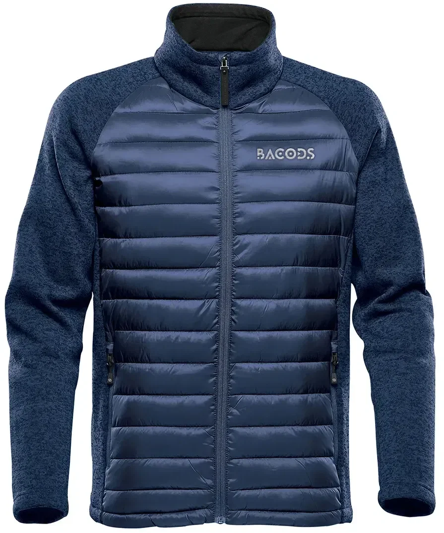 Hybrid jacket zipped to the collar on a standing model