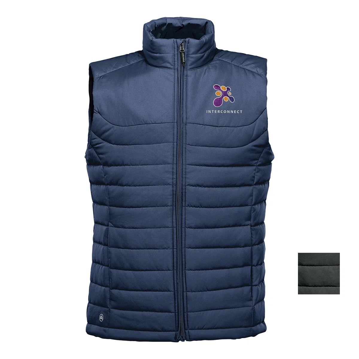Model stands with the vest zipped and hands relaxed