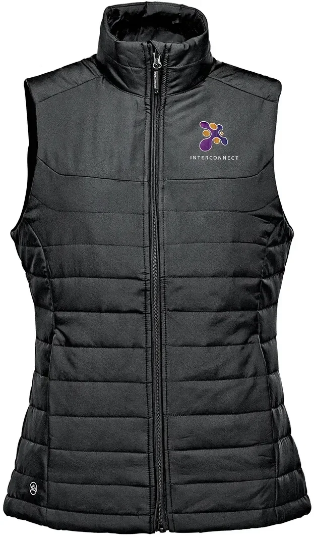 Quilted vest shown from the front with the zip closed