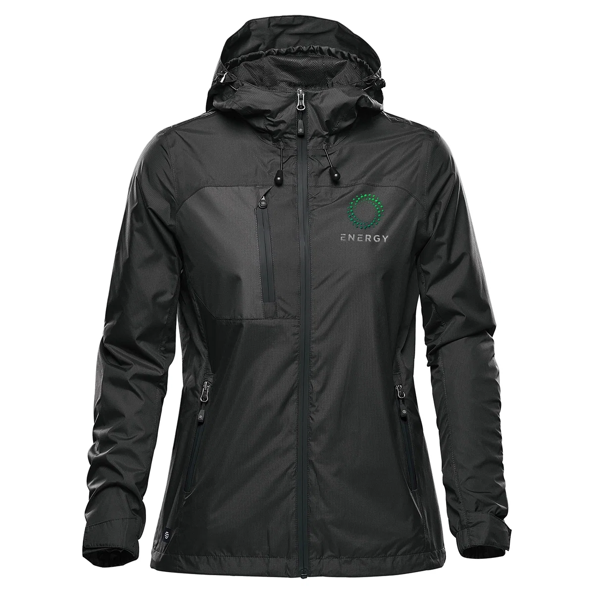 Lightweight shell jacket zipped up on a standing model