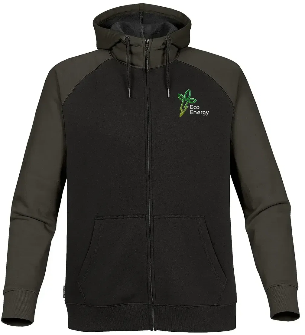 Full-zip hooded sweatshirt shown from the front on a model