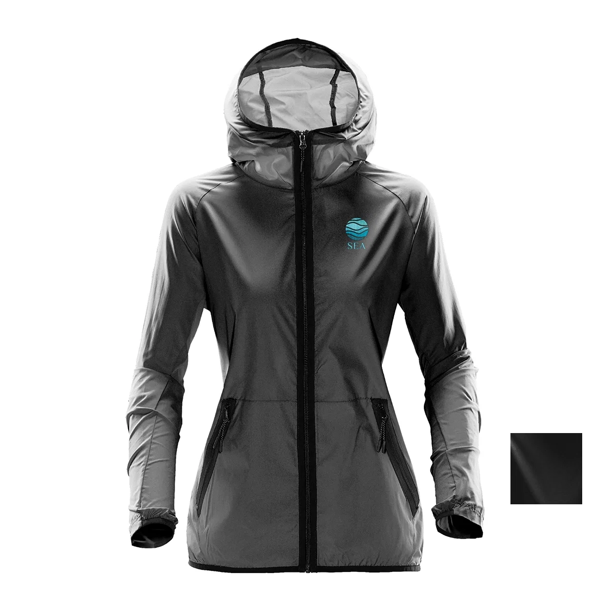 Hooded shell jacket zipped to the chin on a model