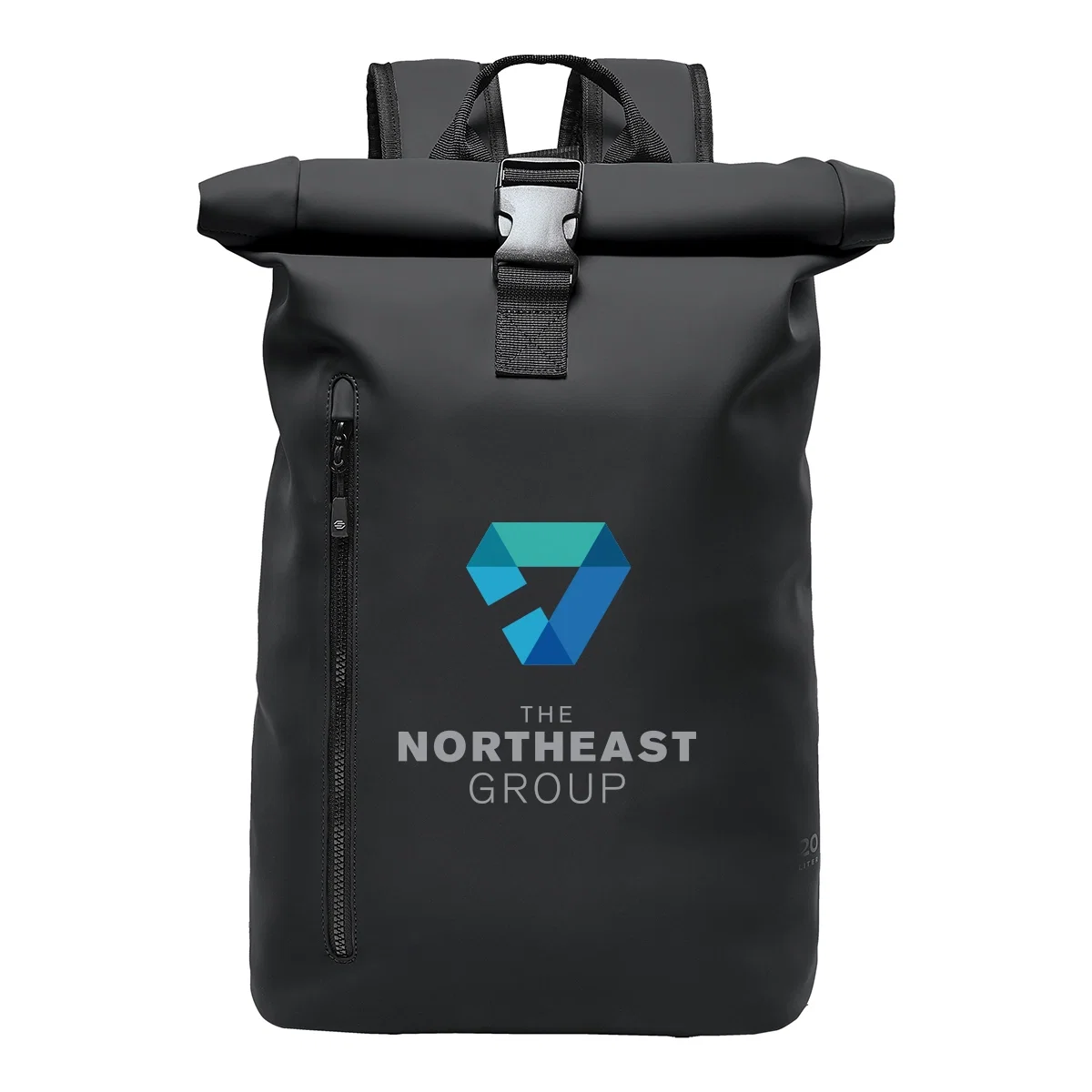 Roll-top backpack shown closed with the top folded down