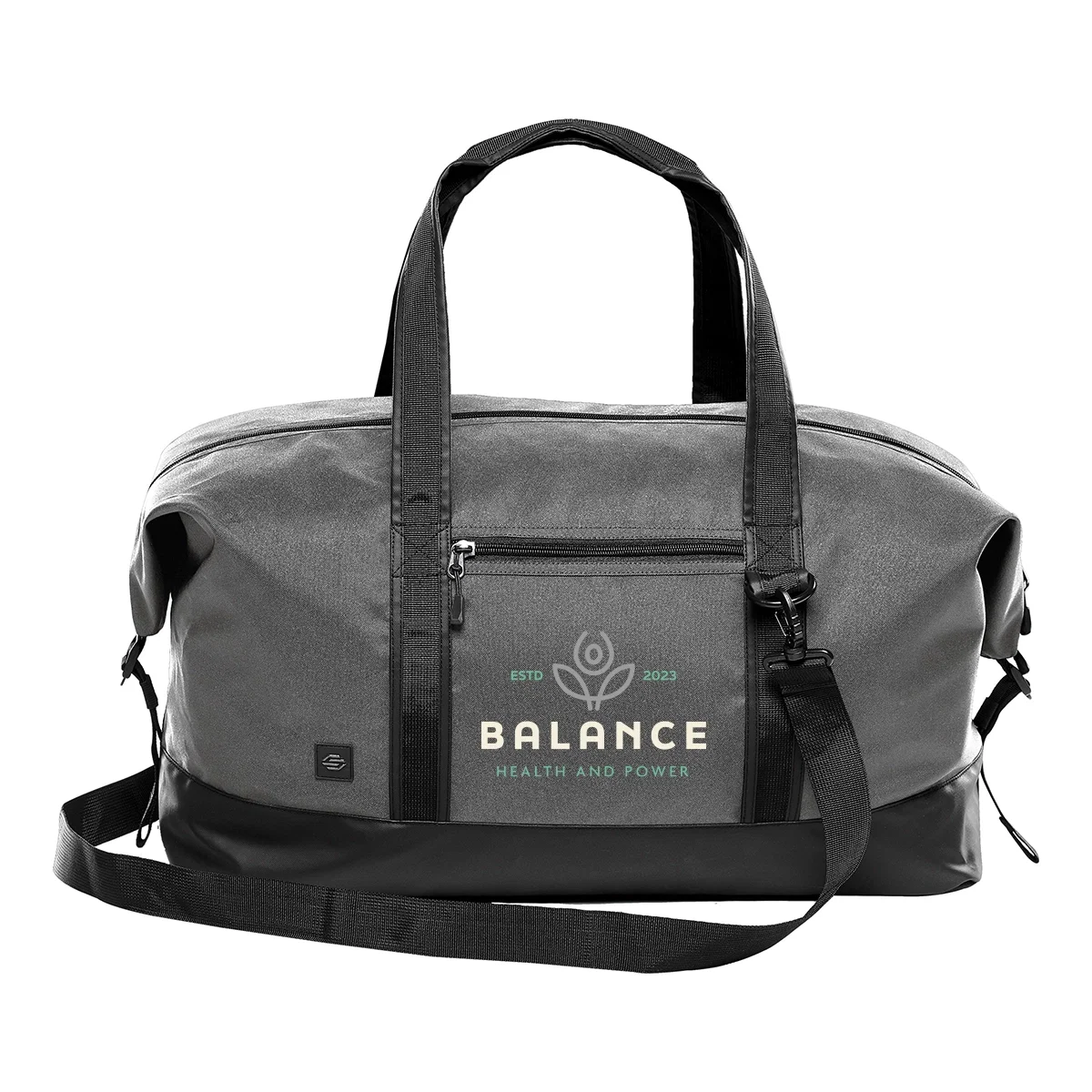 Dolphin and black duffel bag measuring 22 inches wide