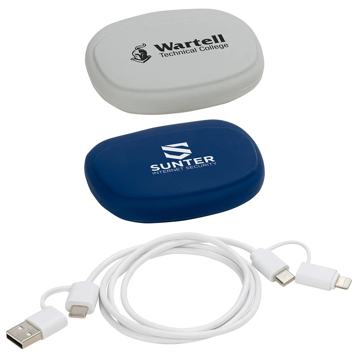 Custom Stow 'N Go 4-in-1 Charging Cable, front view of the branded cable with silicone pouch