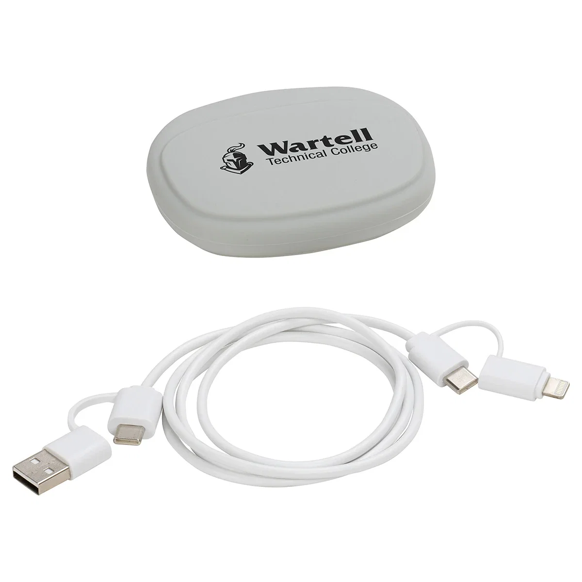 Stow 'N Go 4-in-1 Charging Cable coiled, showing the compact wrap of the promotional cable