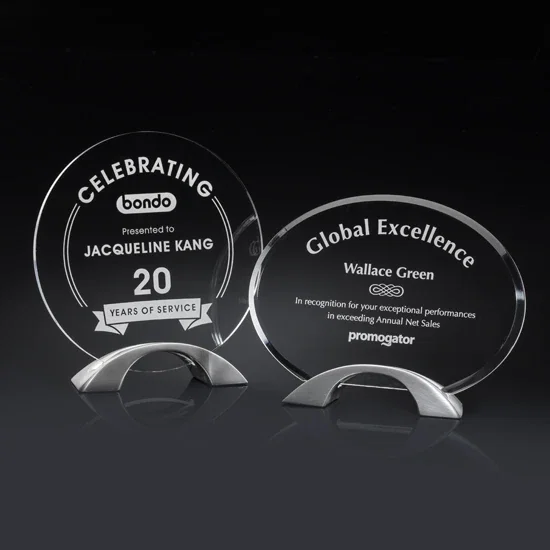 Custom Acrylic Award on Arched Pewter Base with Floating Effect for employee recognition