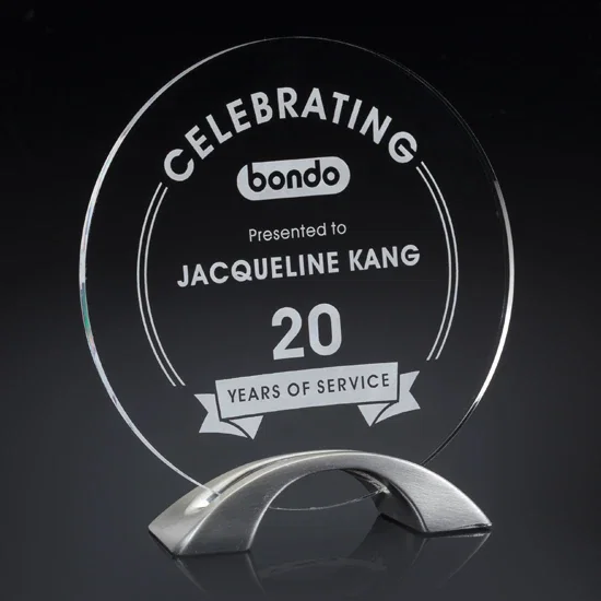Custom Acrylic Award on Arched Pewter Base with Floating Effect for corporate award ceremonies