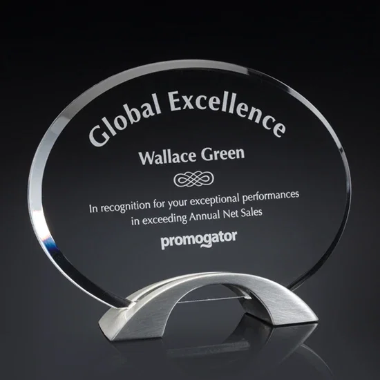 Custom Acrylic Award on Arched Pewter Base with Floating Effect for service anniversary gifts