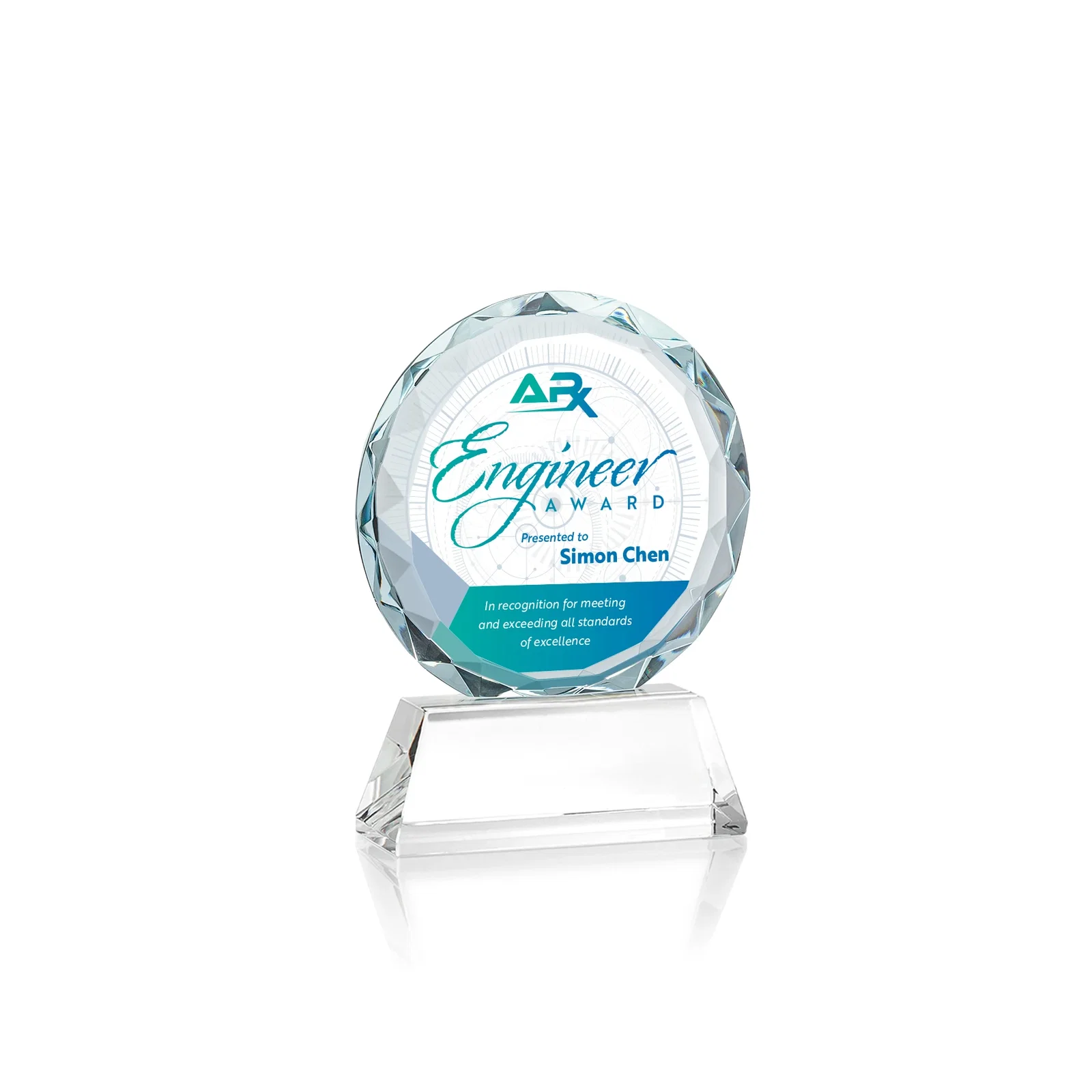 Custom printed Optical Crystal Faceted Gemstone Award with Prismatic Finish, awards for corporate award ceremonies