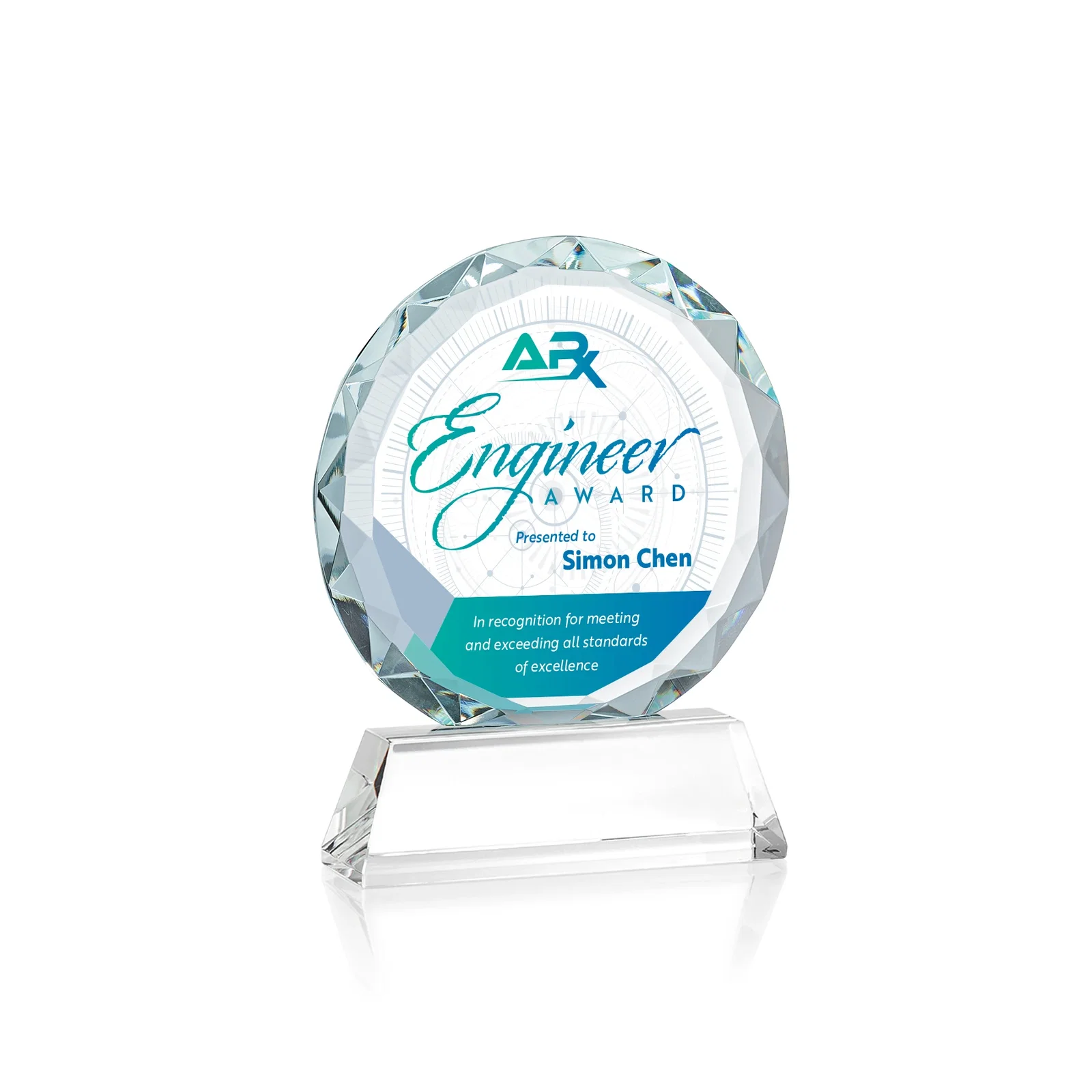 Custom printed Optical Crystal Faceted Gemstone Award with Prismatic Finish, awards for service anniversary gifts