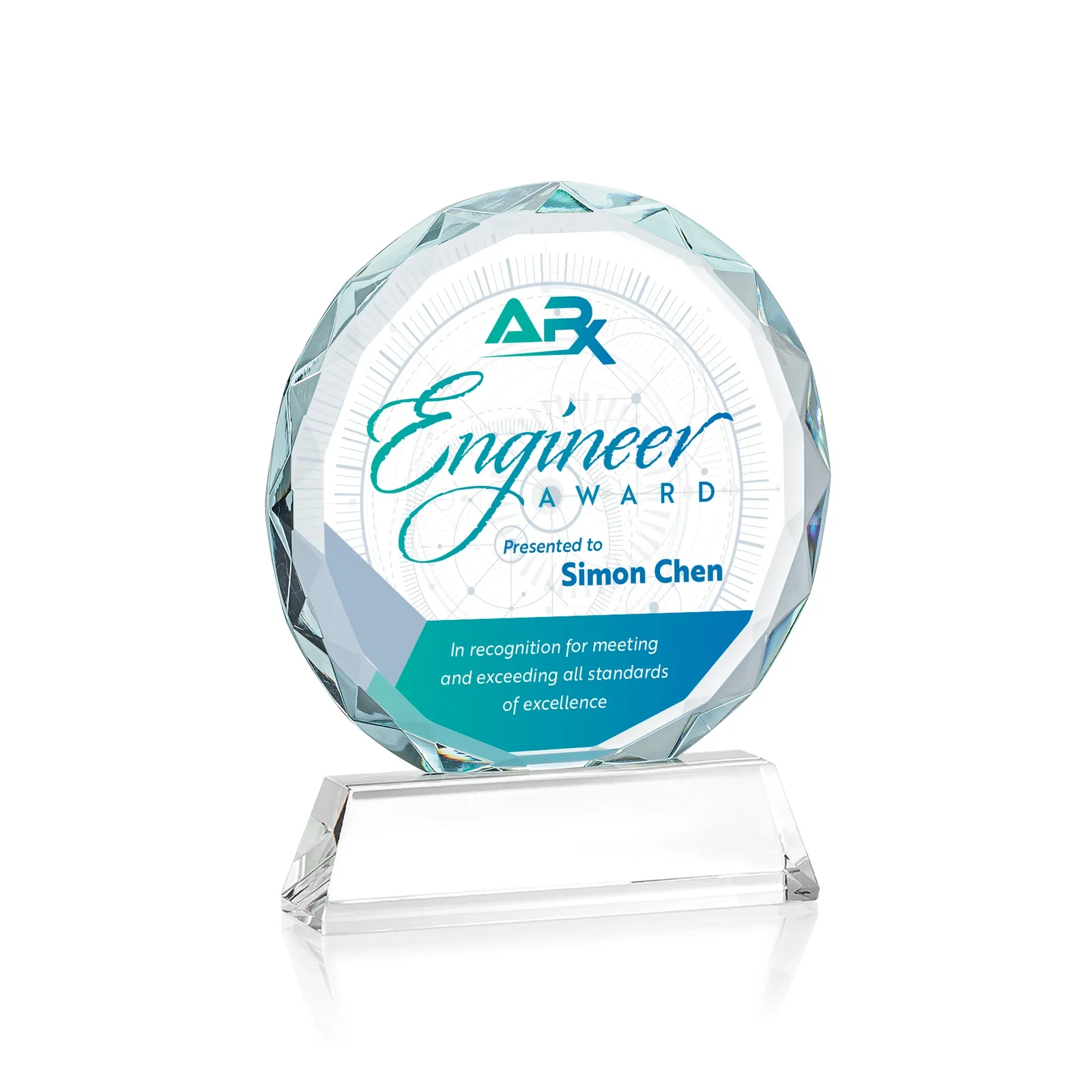 Custom printed Optical Crystal Faceted Gemstone Award with Prismatic Finish, awards for sales achievement awards